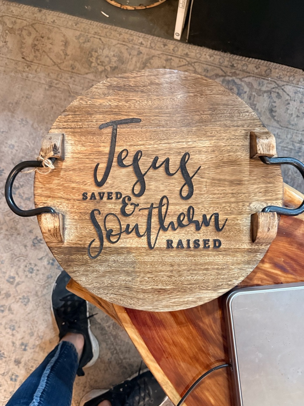 Wooden Round Serving Tray - Brown engraved (Jesus Saved & Southern Raised) 14”